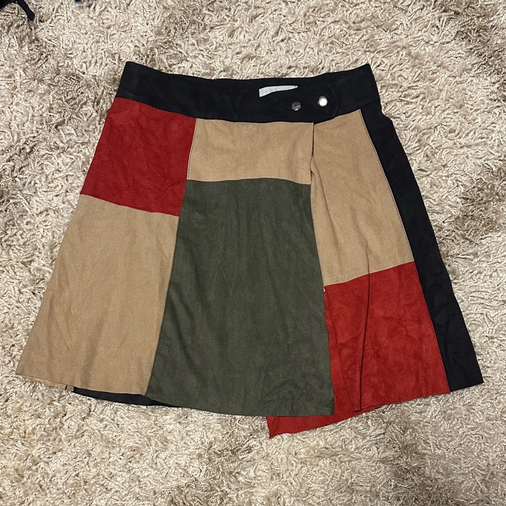 1. State Tan Green Asymmetrical Mini Skater Skirt